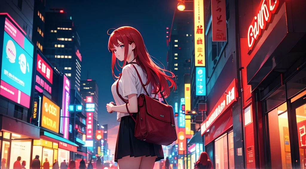 1 girl, red hair, casual clothes, building street at night, glowing neon