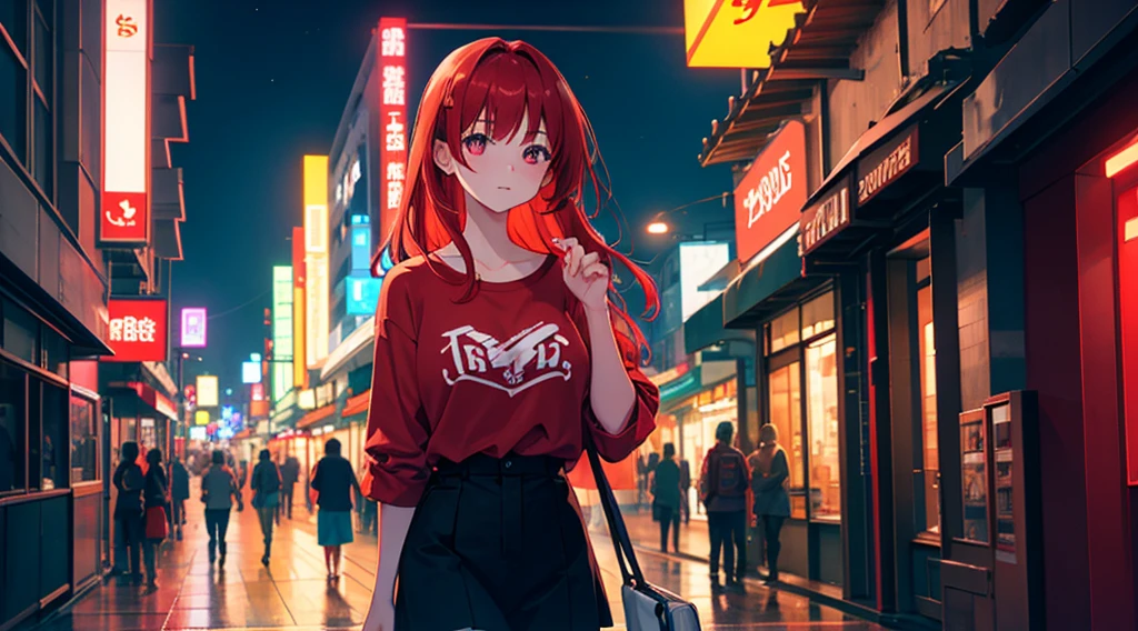 1 girl, red hair, casual clothes, building street at night, glowing neon