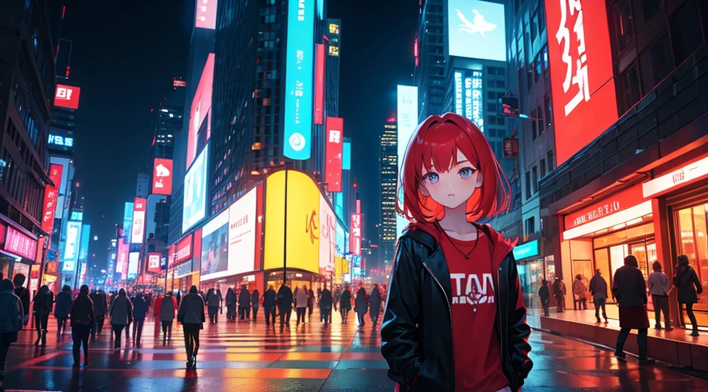 1 girl, red hair, casual clothes, building street at night, glowing neon