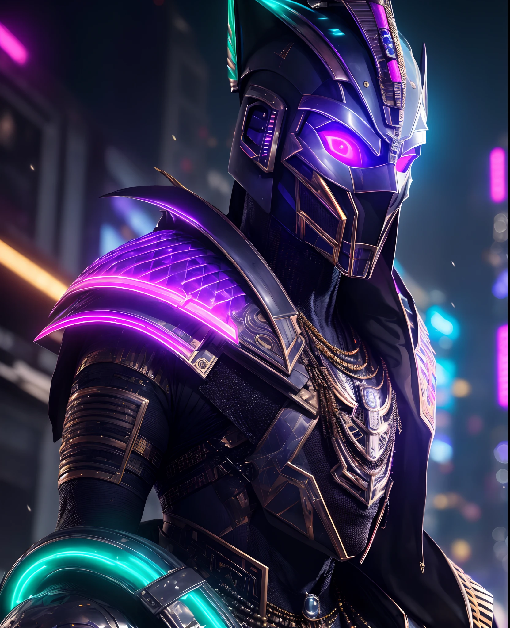 (extremely detailed 8k wallpaper), Close-up (futuristic masked cyborg pharaoh From Marvel dressed in Goth style: 1.3) emerging from the the futuristic world, neon colours, extremely detailed, volumetric lighting