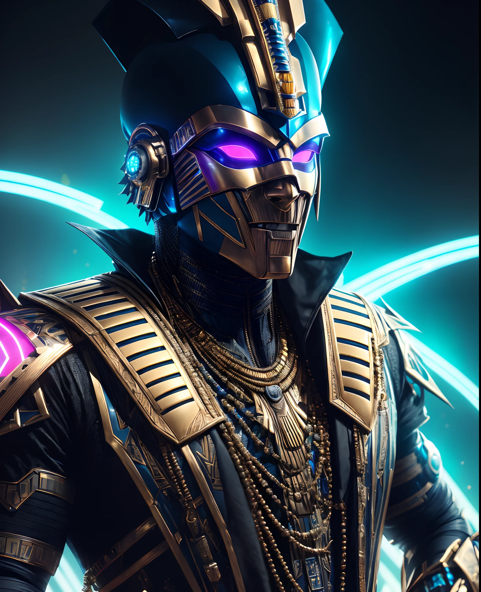 (extremely detailed 8k wallpaper), Close-up (futuristic masked cyborg pharaoh From Marvel dressed in Goth style: 1.3) emerging from the the futuristic world, neon colours, extremely detailed, volumetric lighting