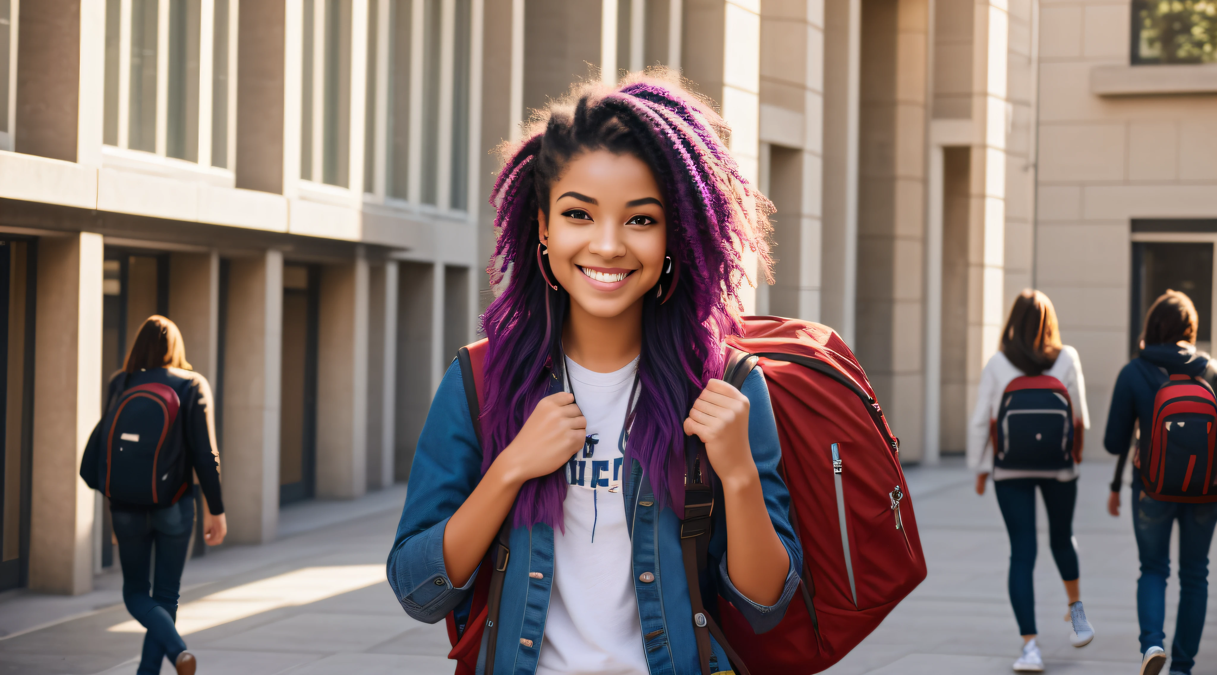 Create a prompt to generate images of a college student with an alternative style, wearing trendy and cool clothes, vibrant and colorful hair, with bold makeup and subtle piercings, smiling. The lighting should be cinematic, creating shadows and highlights that accentuate facial features and clothing details. The student should be inside a bustling university campus, surrounded by books and backpacks, indicating a study environment. Additionally, she should be wearing headphones, immersed in her music while walking through the campus. Please make the images as realistic and dynamic as possible, capturing the essence and energy of modern university life, with a genuine and warm smile