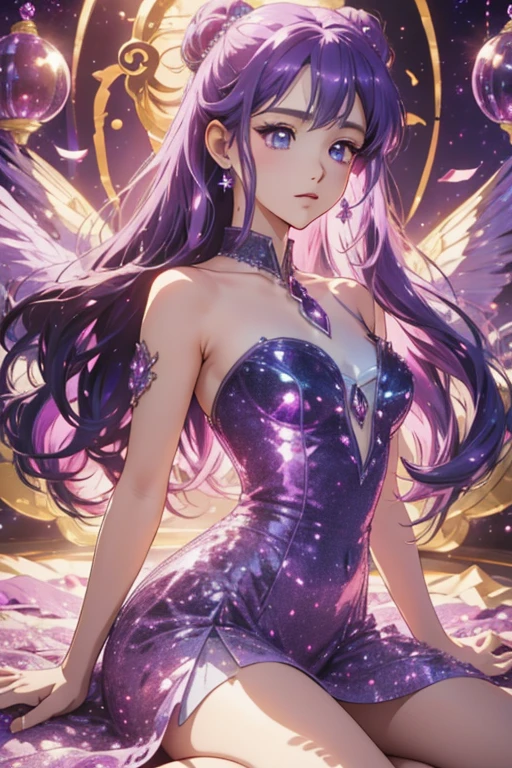 anime style; 3d; glitter; horoscope sign Gemini; color purple; Twins details; mystical;  alexandrite stone;