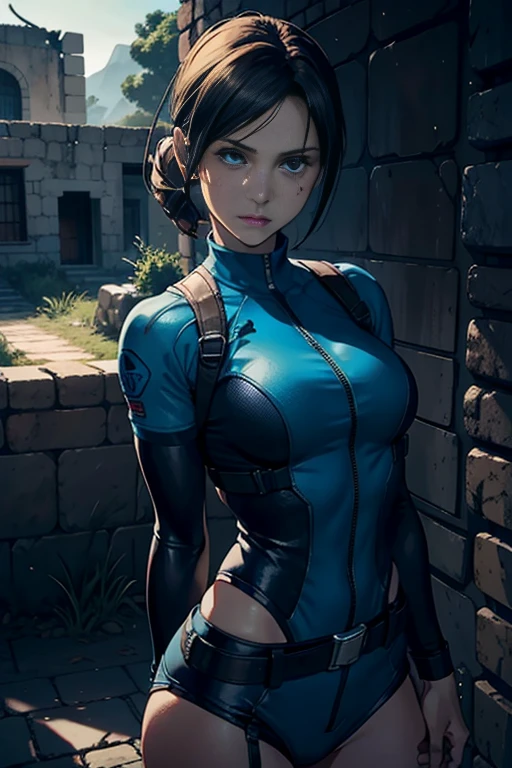 ((Jill Valentine)), frown, Obra maestra, La mejor calidad,ojos detallados, senos grandes, serious expression, peinado corto, Rostro del prefecto, Cruza los brazos sobre el pecho,Parte superior del tubo, fuera del hombro, Sin tirantes, Falda vaquera de cintura baja, weskitbody,En un castillo abandonado, Con una escopeta,