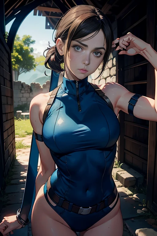 ((Jill Valentine)), frown, Obra maestra, La mejor calidad,ojos detallados, senos grandes, serious expression, peinado corto, Rostro del prefecto, Cruza los brazos sobre el pecho,Parte superior del tubo, fuera del hombro, Sin tirantes, Falda vaquera de cintura baja, weskitbody,En un castillo abandonado, Con una escopeta,
