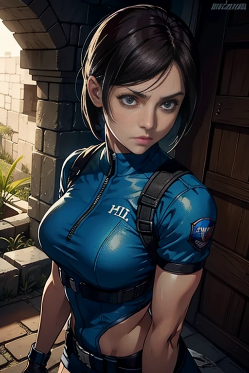 Jill Valentine, annoyed, looking at the viewer, bare breasts, annoyed, on his knees in front of me, POV makes me a paizuri, POV my penis between her breasts, In a room.