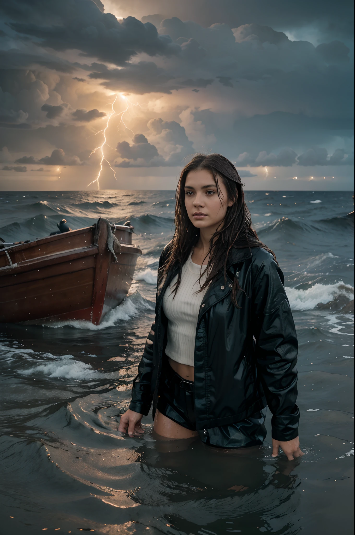 A single wet, sexy 22 year old brunette woman, standing in a sinking, submerged wooden fishing boat, looking away from viewer, ocean waves, waves washing into boat, rocks, cliffs, small hands, cinematic, dramatic composition, dark stormy sky, (lightning), sharp focus, sense of awe