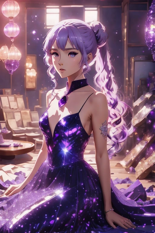 anime style; 3d; glitter; horoscope sign Gemini; color purple; Twins details; mystical; alexandrite stone;