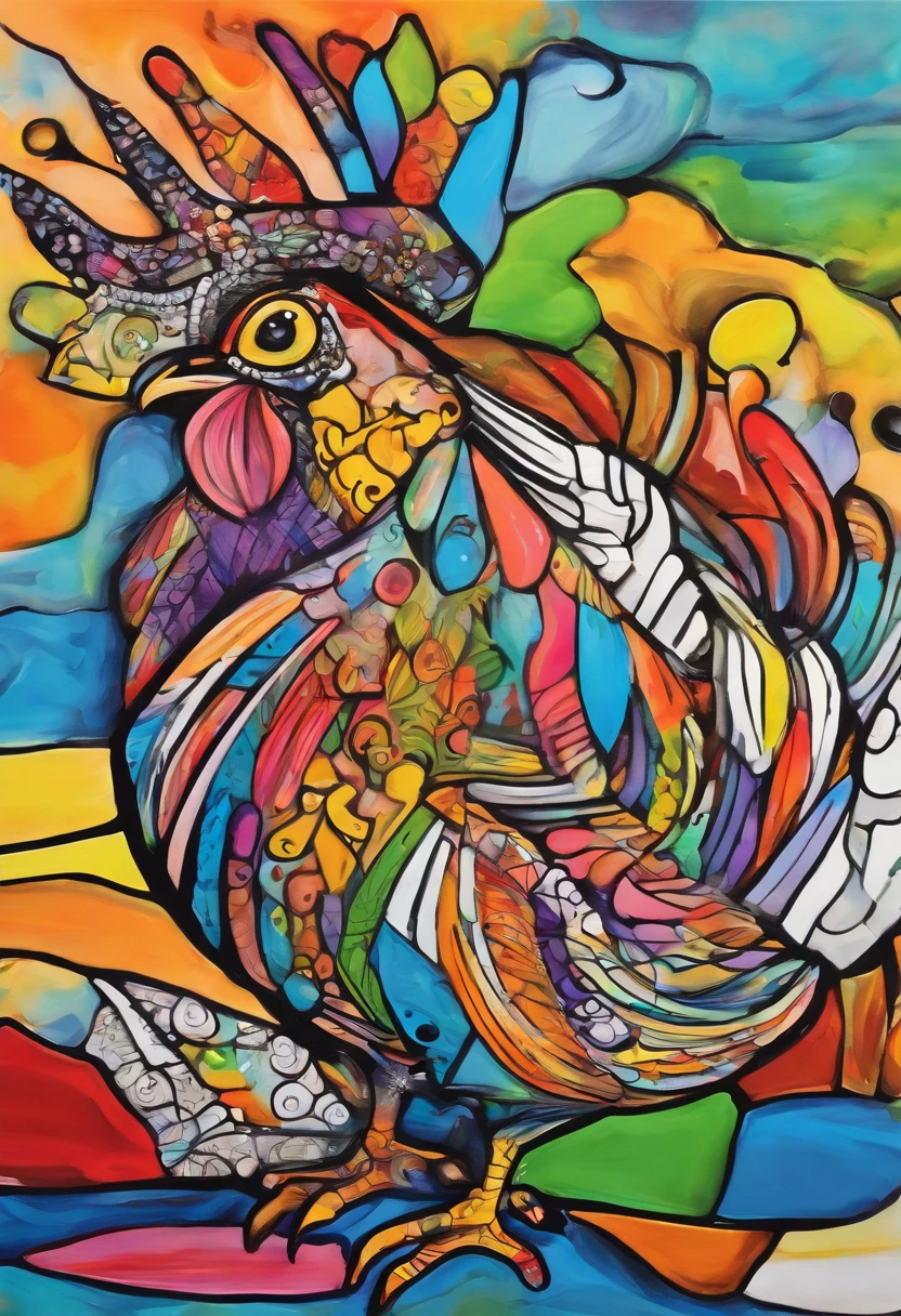 grafismo, diverse and playful geometric figures, Rainbow, romero britto, A chicken from the Brazilian northeastern hinterland, galinha head, juba bem detalhada ((fundo branco)), olhos penetrantes,galinha colorida e alegre, Art Watercolor Painting Oil Paint, abstrato, epic instagram, art-station, toque de estilo splash de tinta colorida+, contorno, hiperdetalhado intricadamente detalhado, genial, detalhes intrincados, tela inicial, cores complementares, conceito realista abstrato romero britto de arte, 8K, obra-prima do deviantart, oil-painting, pinceladas pesadas, pingos de tinta, artes de salpicos.
