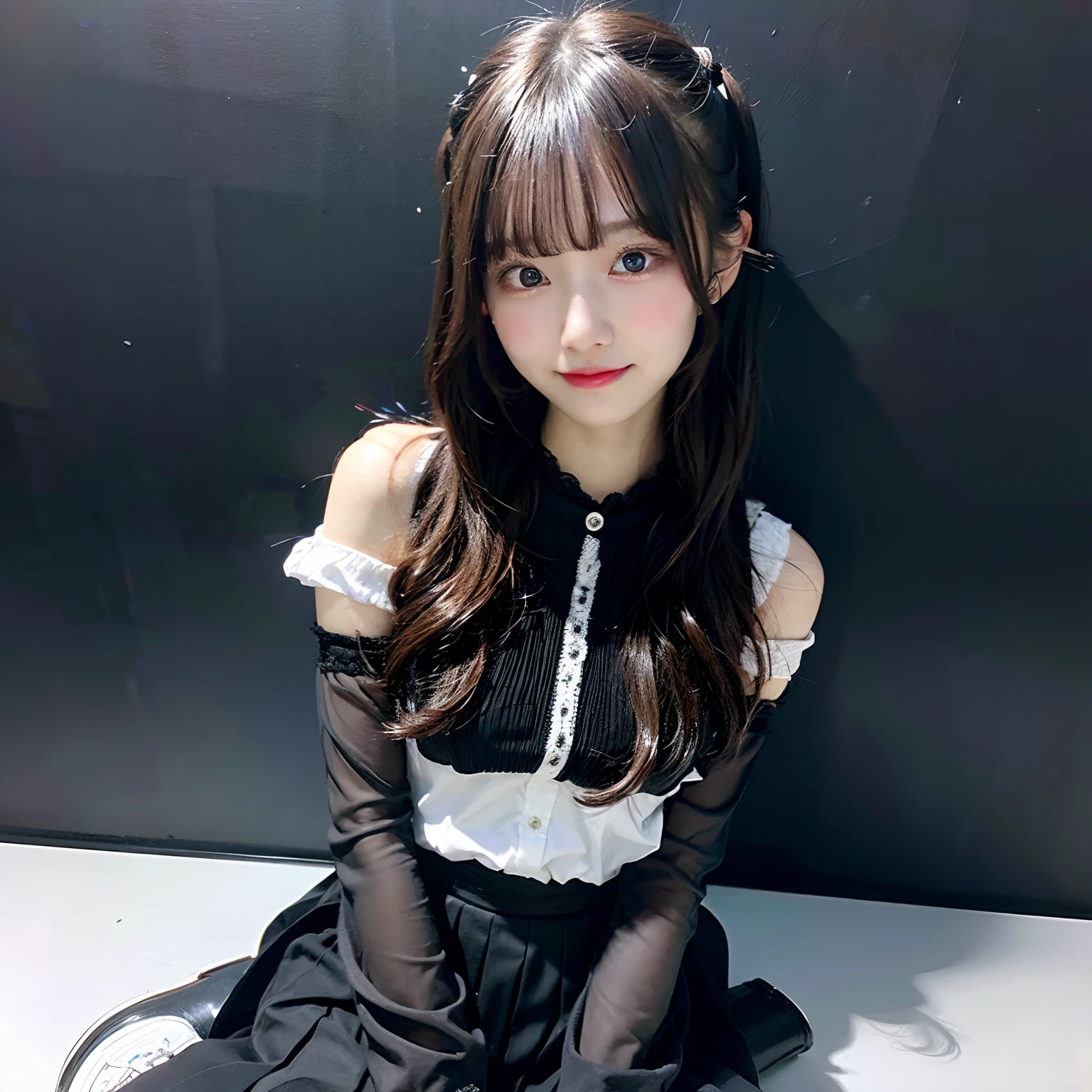 hight resolution,masutepiece,Best Quality,Extremely detailed, hyper realisitic, girl with,sitting, hair wavy, a smile, black pleats skirt,black shoes, white See-through shirt, bare shoulders, Very beautiful,cute, 8K Wallpaper, Fine detail, Very detailed 8k wallpape