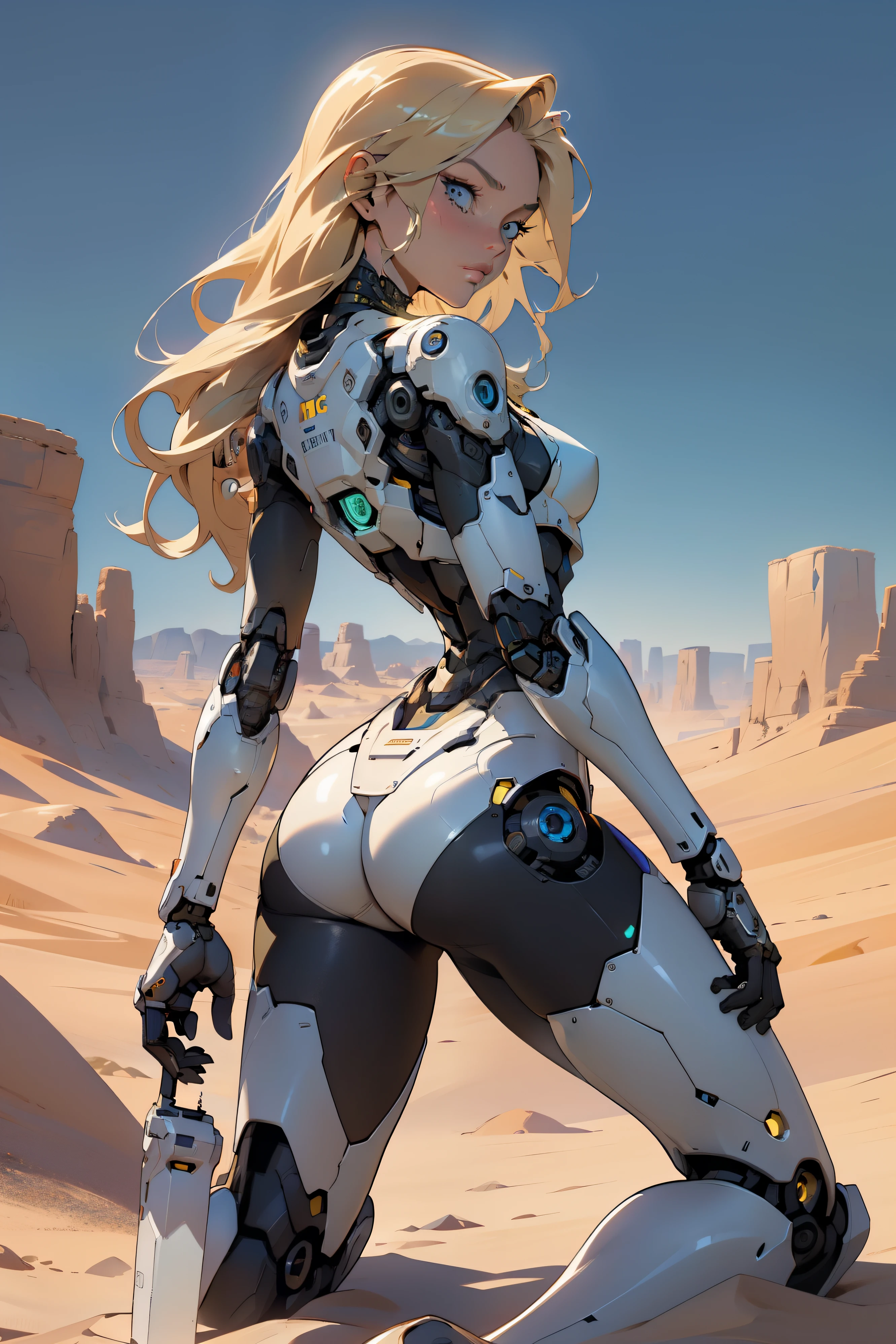 high quality, 4k, masterpiece, beautiful, cyborg girl, cowboy shot, dull eyes, kneeling down, view from backside, rear view, turning around to look at viewer, long blonde hair, girl, small breasts, fit thigh, robotic arms, robotic body, cyborg body, yellow accent, redaccent, intricate detail, joint, detailed lines, robotic detail, holding fist up, holding hand up as fist, color robotic parts, robotic parts with color, perfect fingers, on a desert planet, sunny background, colorful desert,