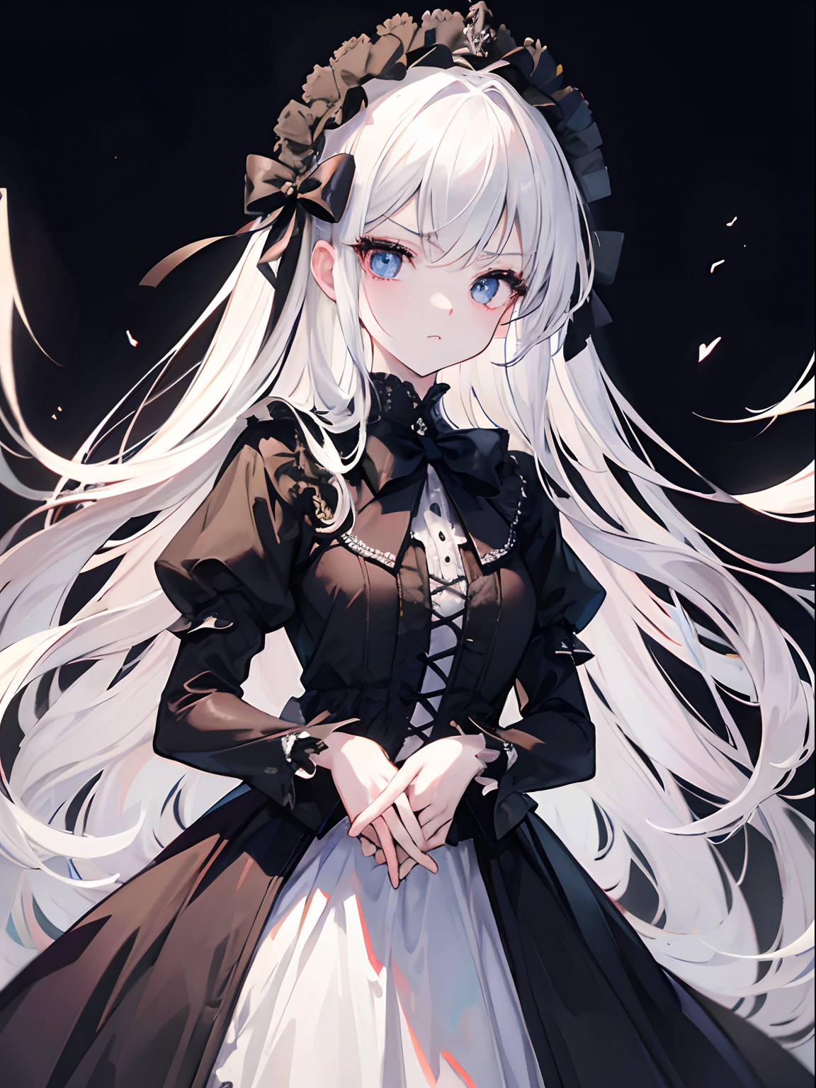 masutepiece, Highest Quality, (Perfect face:1.1), (high detailing:1.1), (ultradetailed eyes), Dramatic, superfine illustration, Extremely detailed, 1girl in, (pale skin), Soft expression, Hair on long black background, Ethereal eyes, (light eyebrow), {((Happy))}, Solo, Long hair, Pouty lips,Cinematic lighting, Looking at Viewer, Cowboy Shot, Gothic ta, frilld, bow ribbon,Head dress, Black,room