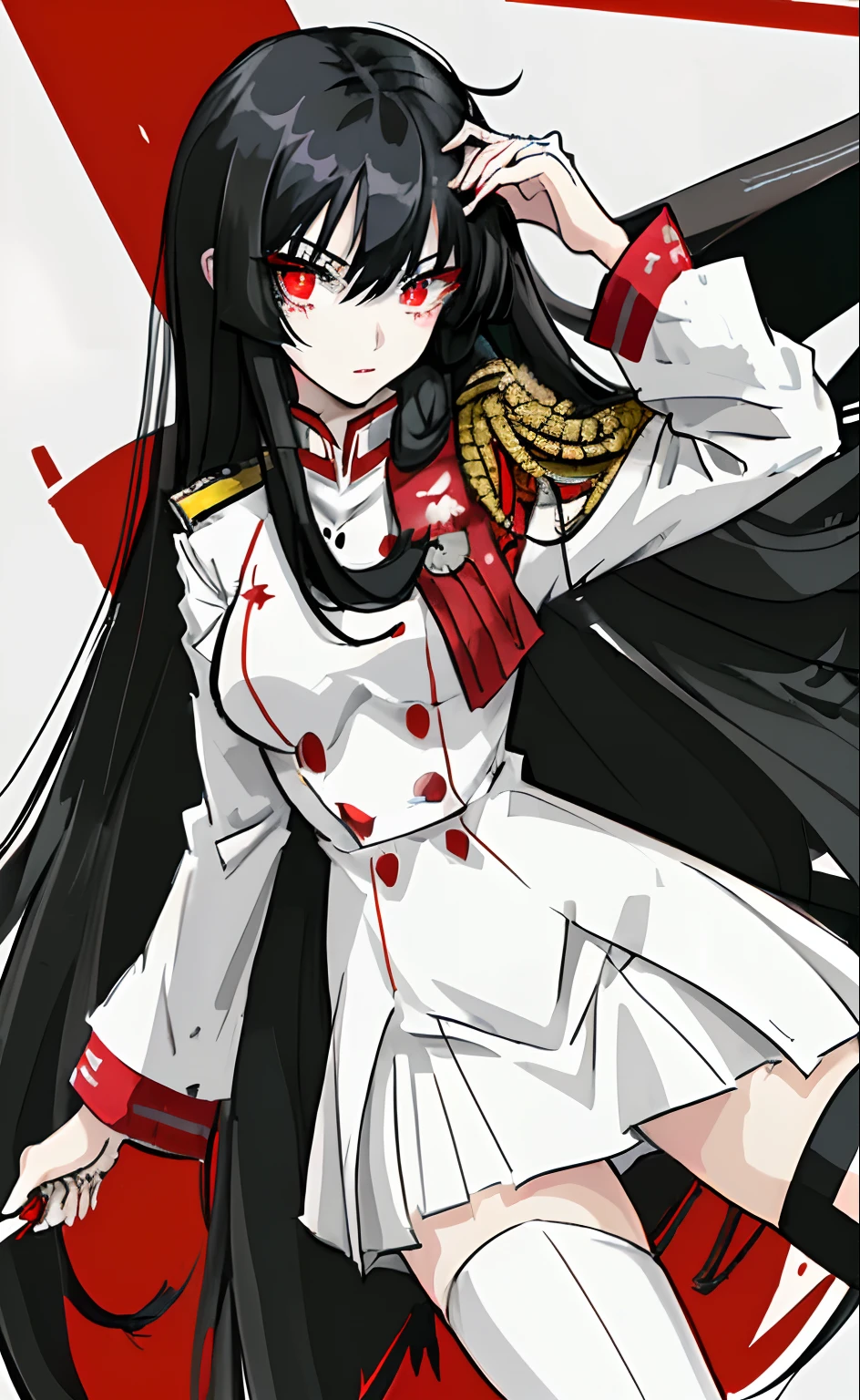 Anime girl with long jet black hair and chaotic crimson eyes. Wearing a white military uniform.