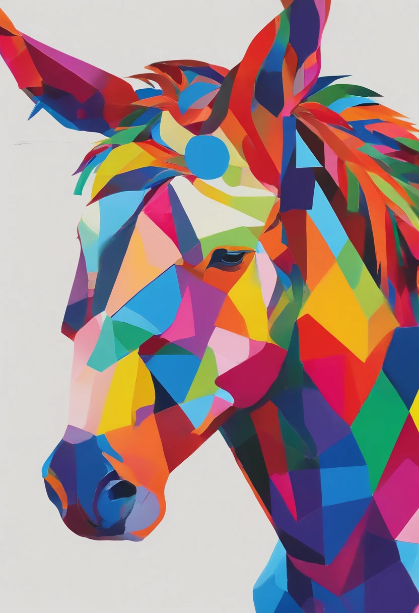 grafismo, diverse and playful geometric figures, Rainbow, romero britto, A donkey from the Brazilian northeastern hinterland, jumento head, juba bem detalhada ((fundo branco)), olhos penetrantes, animal asno burro jumento jegue colorida e alegre, Art Watercolor Painting Oil Paint, abstrato, epic instagram, art-station, toque de estilo splash de tinta colorida+, contorno, hiperdetalhado intricadamente detalhado, genial, detalhes intrincados, tela inicial, cores complementares, conceito realista abstrato romero britto de arte, 8K, obra-prima do deviantart, oil-painting, pinceladas pesadas, pingos de tinta, artes de salpicos.