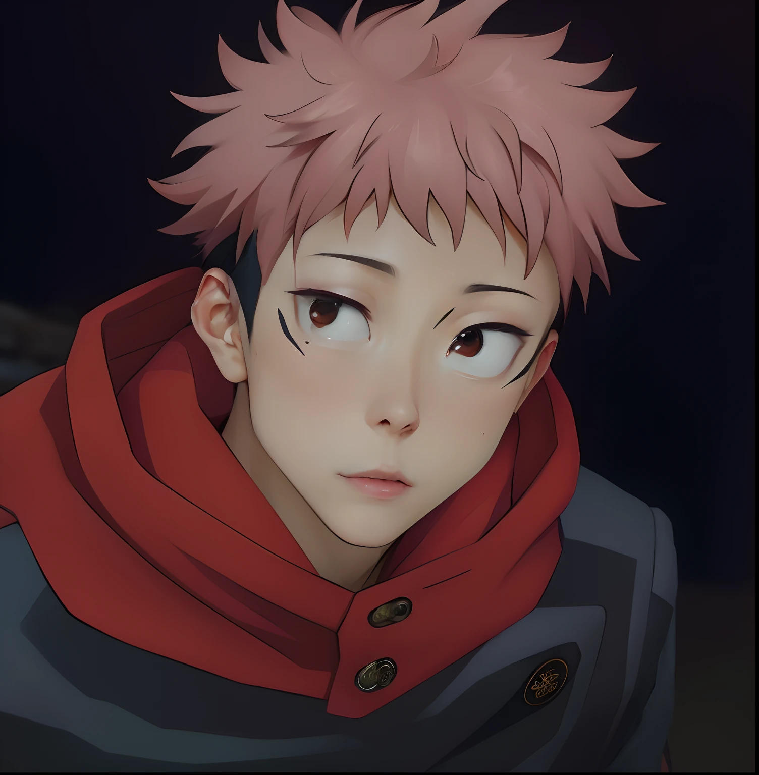 Anime boy with pink hair and a red scarf staring at the camera - SeaArt AI