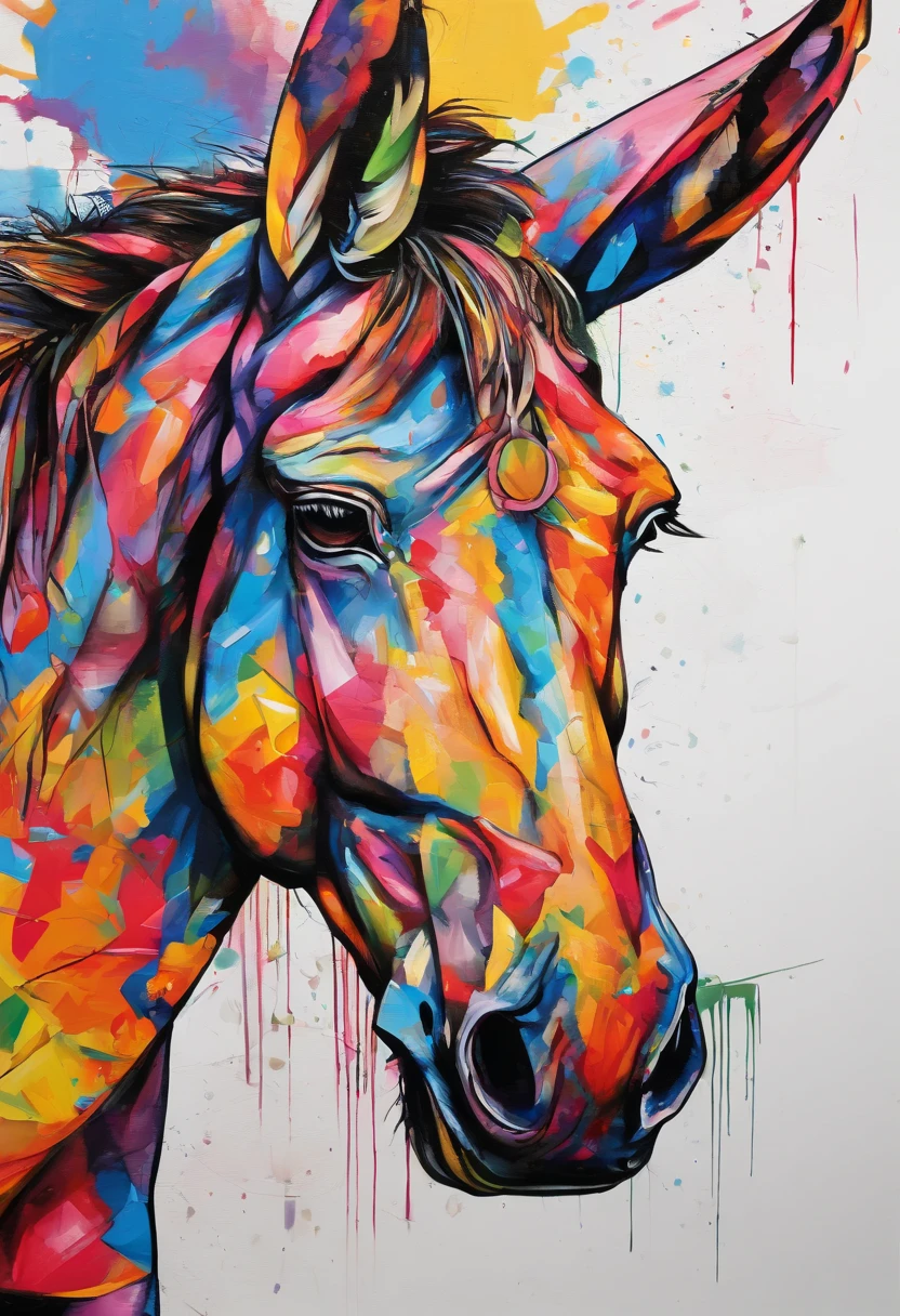 grafismo, diverse and playful geometric figures, Rainbow, romero britto, A donkey from the Brazilian northeastern hinterland, jumento head, juba bem detalhada ((fundo branco)), olhos penetrantes, animal asno burro jumento jegue colorida e alegre, Art Watercolor Painting Oil Paint, abstrato, epic instagram, art-station, toque de estilo splash de tinta colorida+, contorno, hiperdetalhado intricadamente detalhado, genial, detalhes intrincados, tela inicial, cores complementares, conceito realista abstrato romero britto de arte, 8K, obra-prima do deviantart, oil-painting, pinceladas pesadas, pingos de tinta, artes de salpicos.