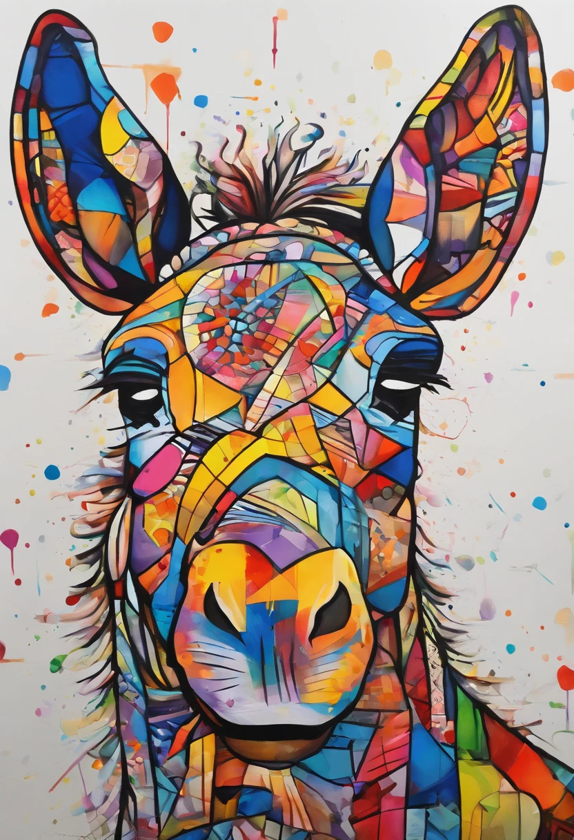 grafismo, diverse and playful geometric figures, Rainbow, romero britto, A donkey from the Brazilian northeastern hinterland, jumento head, juba bem detalhada ((fundo branco)), olhos penetrantes, animal asno burro jumento jegue colorida e alegre, Art Watercolor Painting Oil Paint, abstrato, epic instagram, art-station, toque de estilo splash de tinta colorida+, contorno, hiperdetalhado intricadamente detalhado, genial, detalhes intrincados, tela inicial, cores complementares, conceito realista abstrato romero britto de arte, 8K, obra-prima do deviantart, oil-painting, pinceladas pesadas, pingos de tinta, artes de salpicos.
