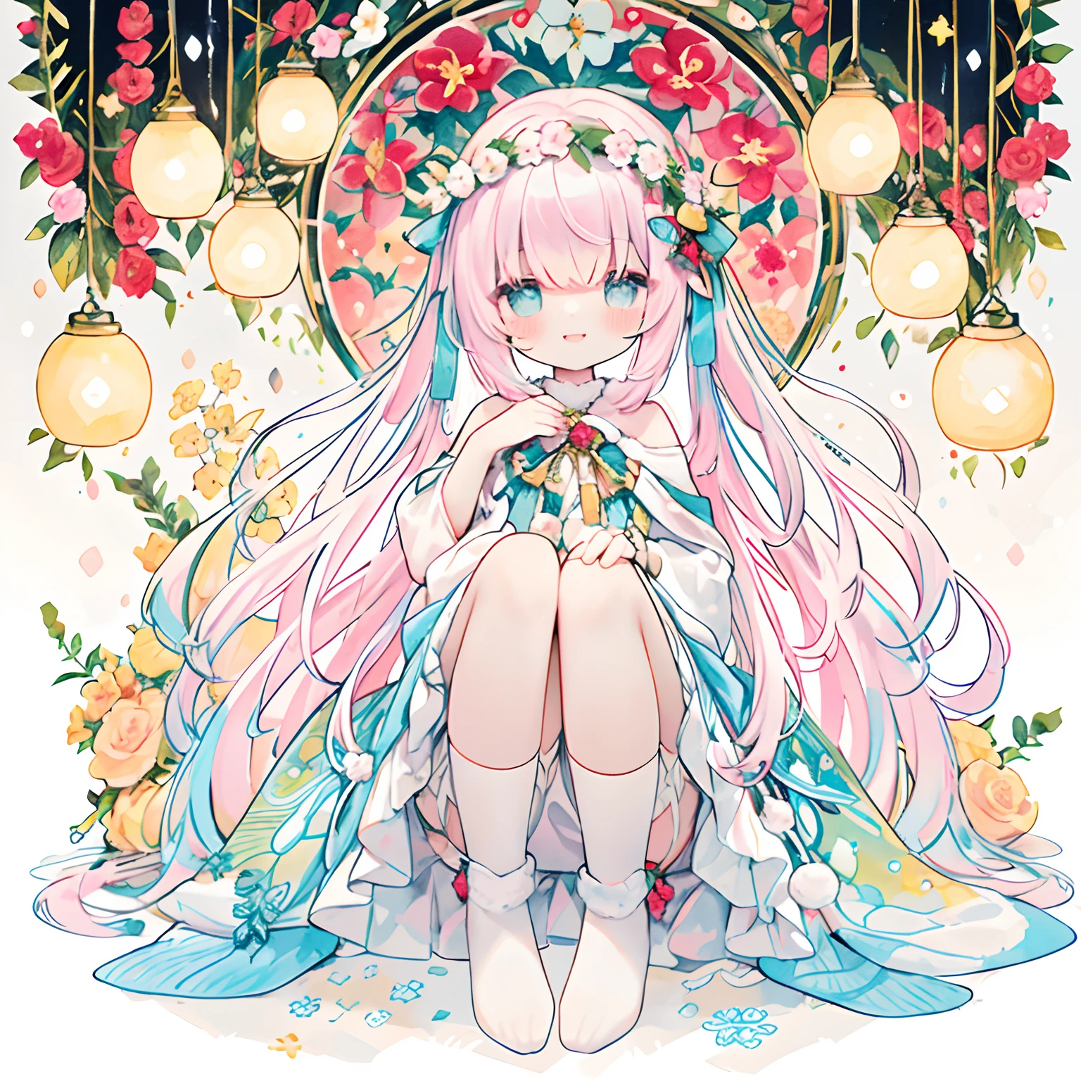 (PastelColors:1.3)、(Cute illustration:1.3)、(watercolor paiting:1.1)、,(Chibi:0.7)、 Dress, knee sox, Lace, Christmas Colors:1.3、Holly、Flower Arrangement Wreath Background、Grinning smile
Detailed Background、1girl in、Open your mouth and smile、Beautifully detailed、Moya、colourfull、marble、Particles of light、patterns、
Detailed drawing、Vibrant colors、striking contrast、intricate detailes、Delicate depiction、Luminescent、full body Esbian、Beautiful facial features、Brightly colored eyes、Wearing intricate and delicate ornaments、glowing aura、Radiant hair,Illuminated by the morning light、 Very delicate and beautiful,sharp and strong shiny eyes, Magenta eye color, Smiling,