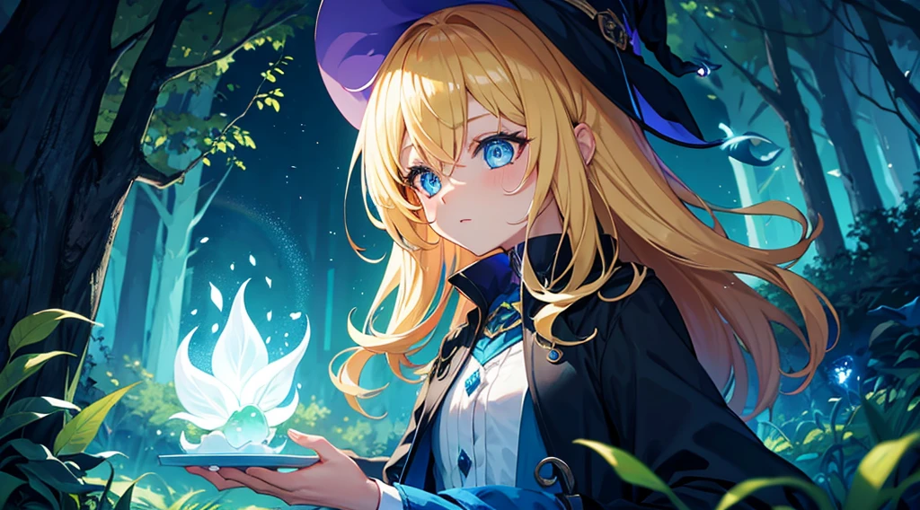 witch girl, blonde hair, blue eyes, fantastic night forest, colorful glowing plant