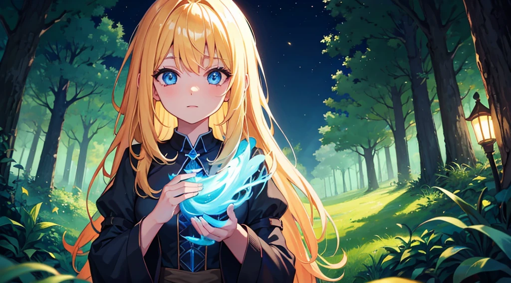 witch girl, blonde hair, blue eyes, fantastic night forest, colorful glowing plant