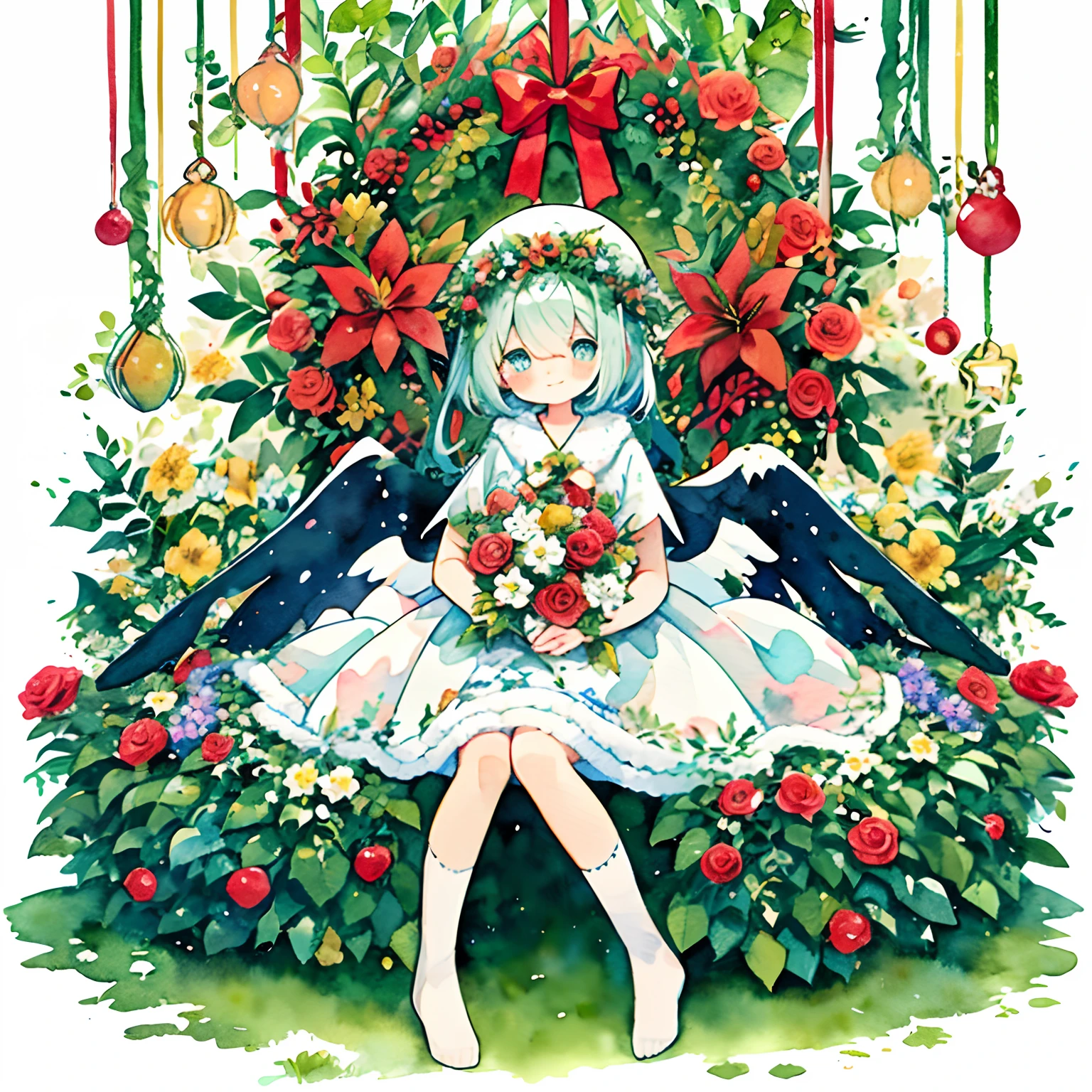 1girl in、（Wear red and green fairy wings：1.5）、masutepiece, Best Quality, Extremely detailed, Anime, Christmas Colors、Holly、Flower Arrangement Wreath Background、A smile、Physical education sitting、 Dress, knee sox, Lace, Christmas Colors：1.1、Holly、Flower Arrangement Wreath Background、A smile、(PastelColors:1.2)、(Cute illustration:1.2)、(watercolor paiting:1.2)、with a large bouquet：1.1