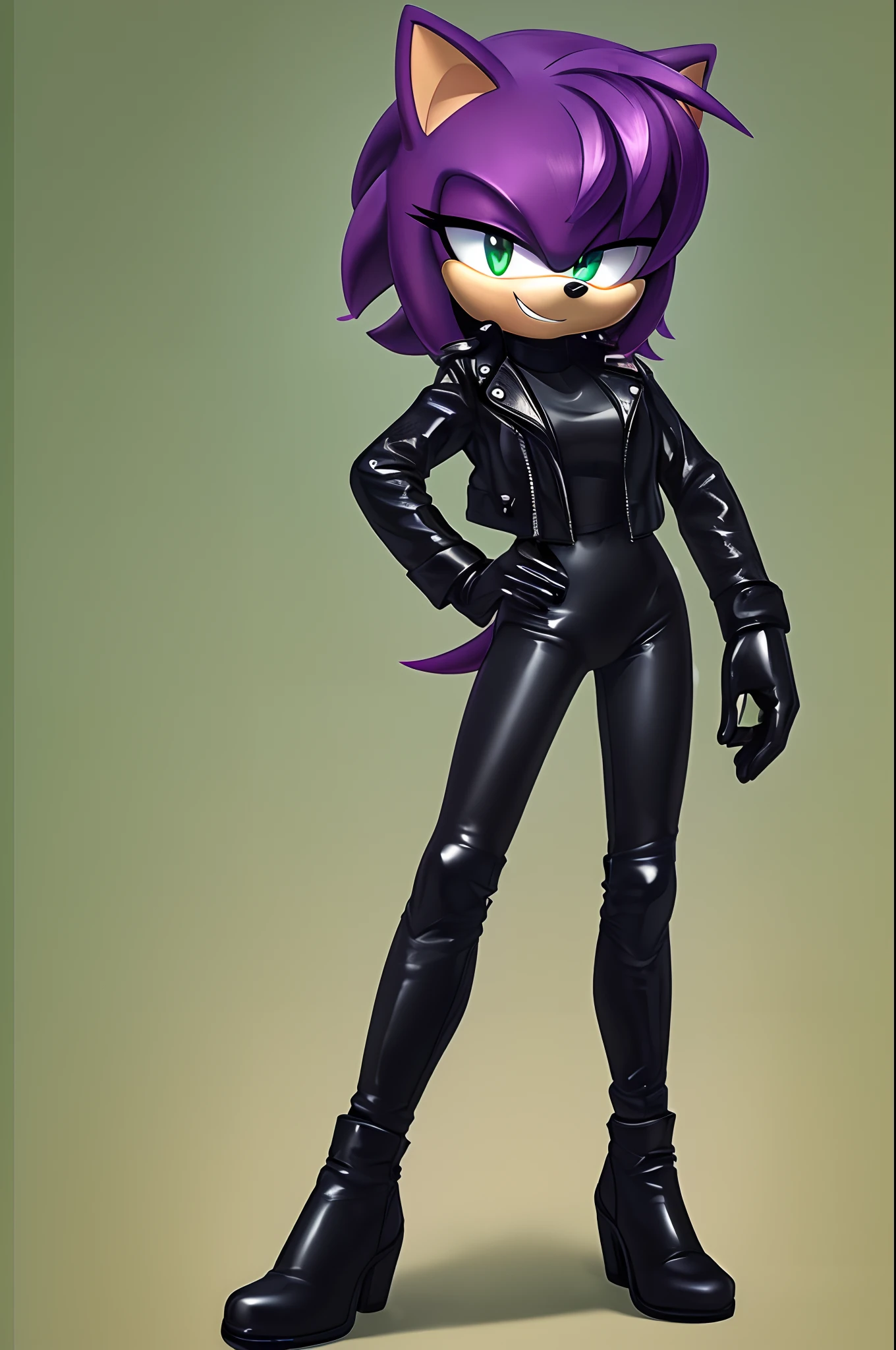 (best quality, Masterpiece:1.5), full body, ((looking at viewer)), ((((female)))), hedgehog, slim, blue-green heterochromia, ((wearing black leather jacket)), spandex leggings, ((black leather gloves)), black knee high boots, shiny violet fur, short violet hair, confident smiling expression, confident pose, one hand on hip, other hand at side