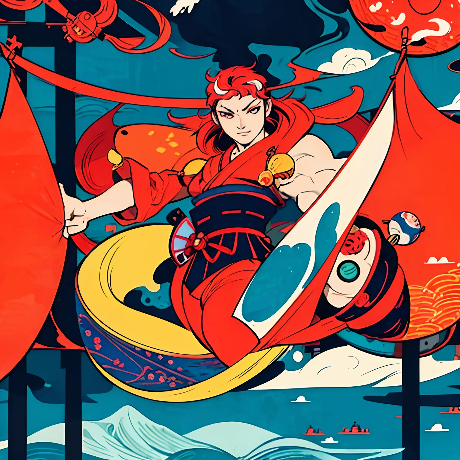 Japan depicted in ukiyo-e、matsuri、Mikoshi、big crowd、The background is the sea and the sun、Fluorescent color、Two robots wearing kimonos in the center、YY Logo、ciber、