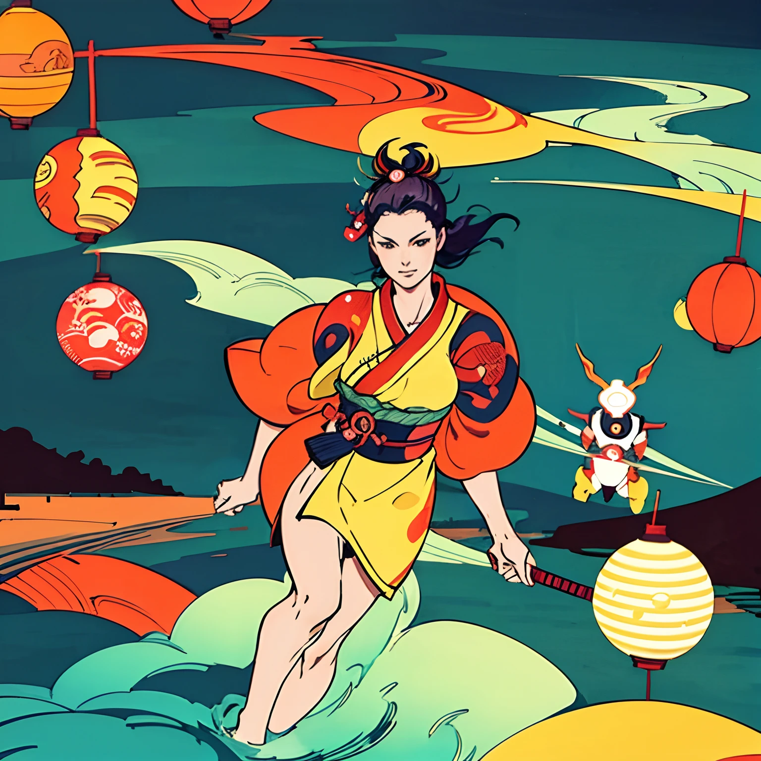 Kyoto depicted in ukiyo-e、matsuri、The background is the sea and the sun、Fluorescent color、ciber、Two robots wearing kimonos in the center、YY Logo、ciber、