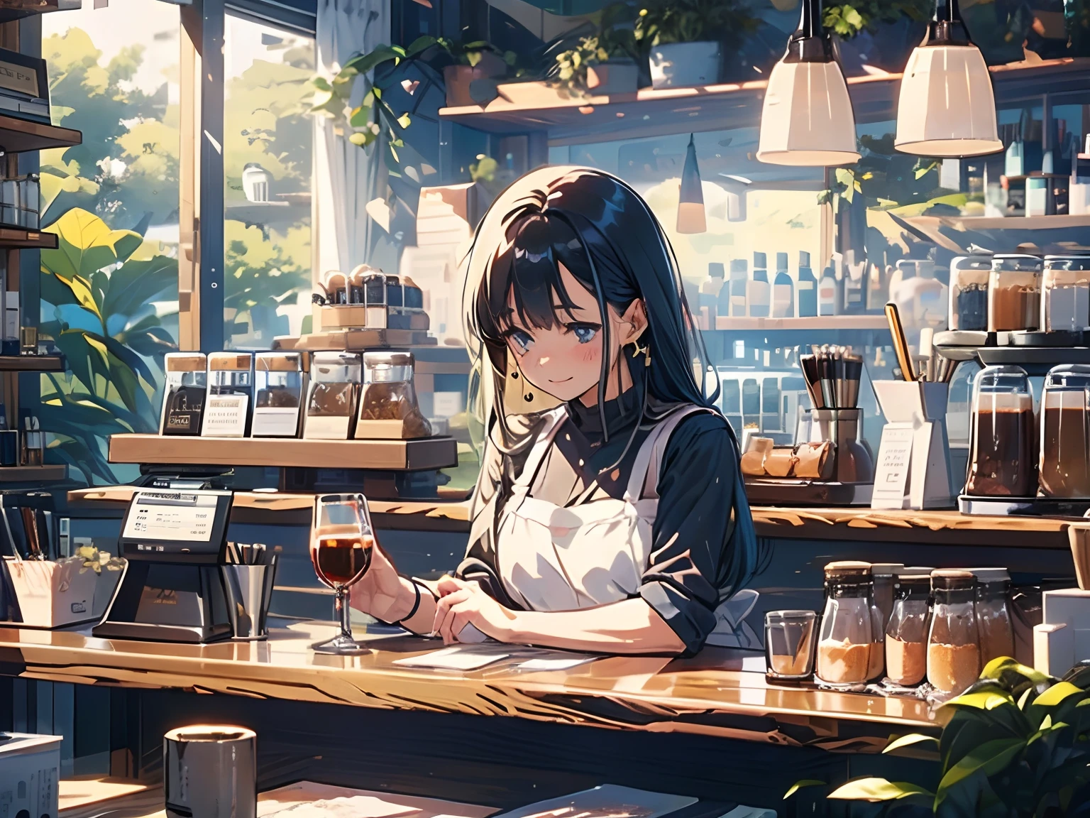 one girl. long brown hair. sky blue eyes. waiter. cafe restaurant. evening. dark lighting.cute. 8k. masterpiece. ultrasharp