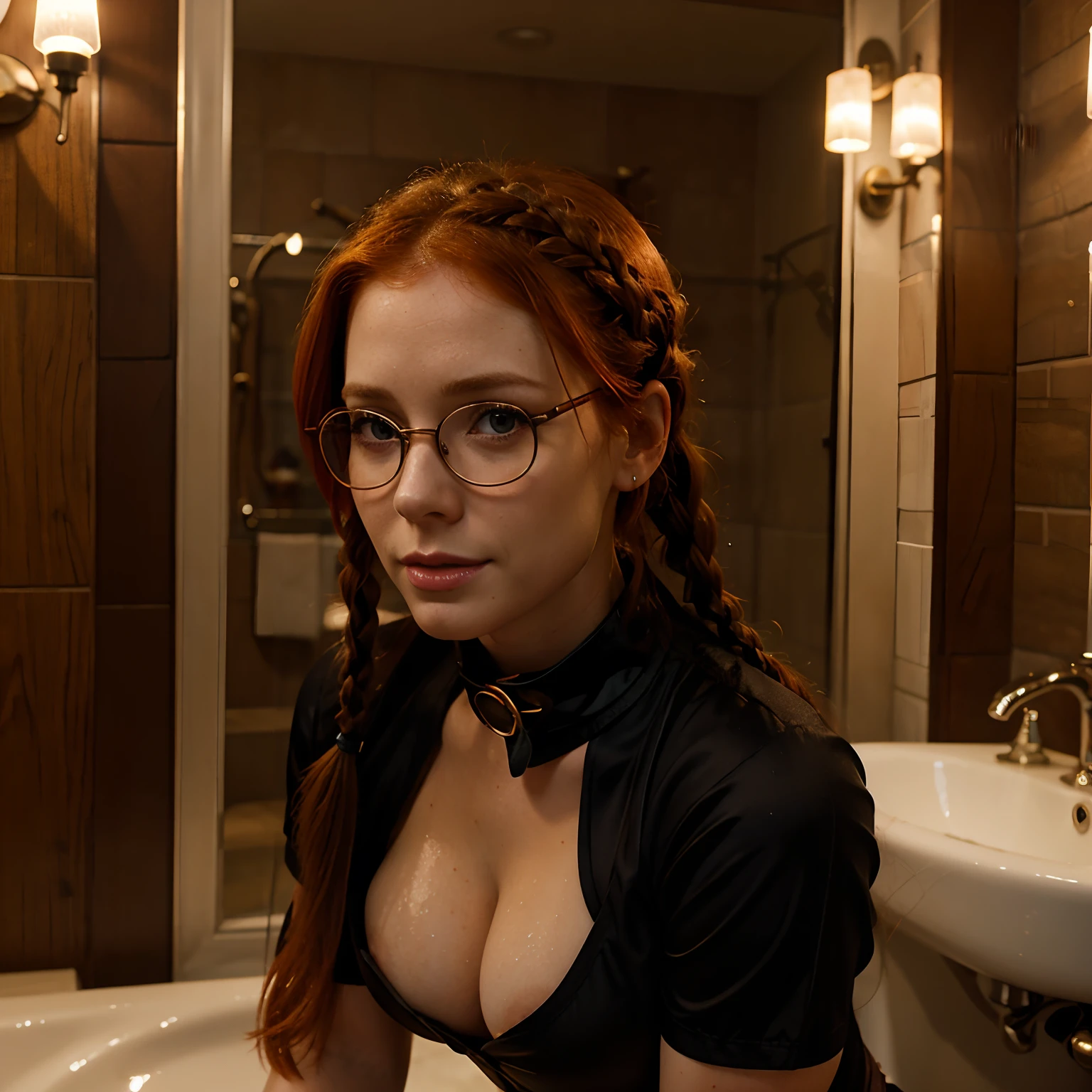 Penny pax redhead long hair braids glasses soft curves wet collar dark eye makeup bar wench outfit