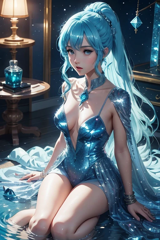 whole body,Haiqinyan by WLOP, Elf Queen Pictures, blue eyes, Long silver hair, long ears, comics《magic sword》heroine, fantasy art style, Beautiful illustration, elegant gesture, blue dress, sitting on bed, fantasy photography, Elf princess temperament, Top model beauty