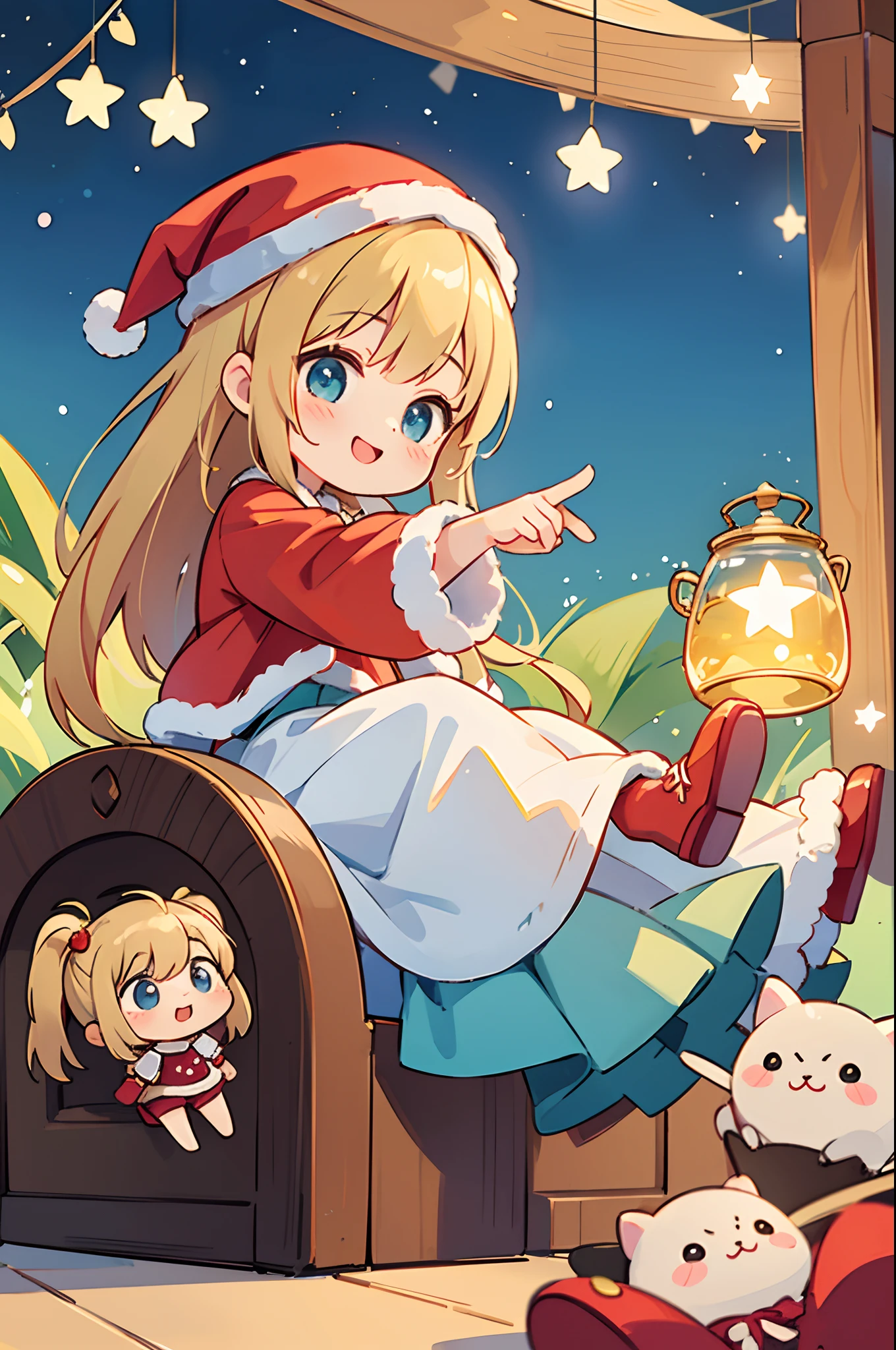 ((top-quality))、 ((masterpiece))、A chibi doll trapped in a magic jar、Cute girl dressed as Santa Claus and doll present、Ai Hoshino、A smile、Chibi Doll、Stars in the eyes(kirakira)、Eye Up、Laugh、Cute red shoes、foco nítido, Ultra Detail, radiant light、bio luminescent、Taken from the side、Stronger bokeh effect