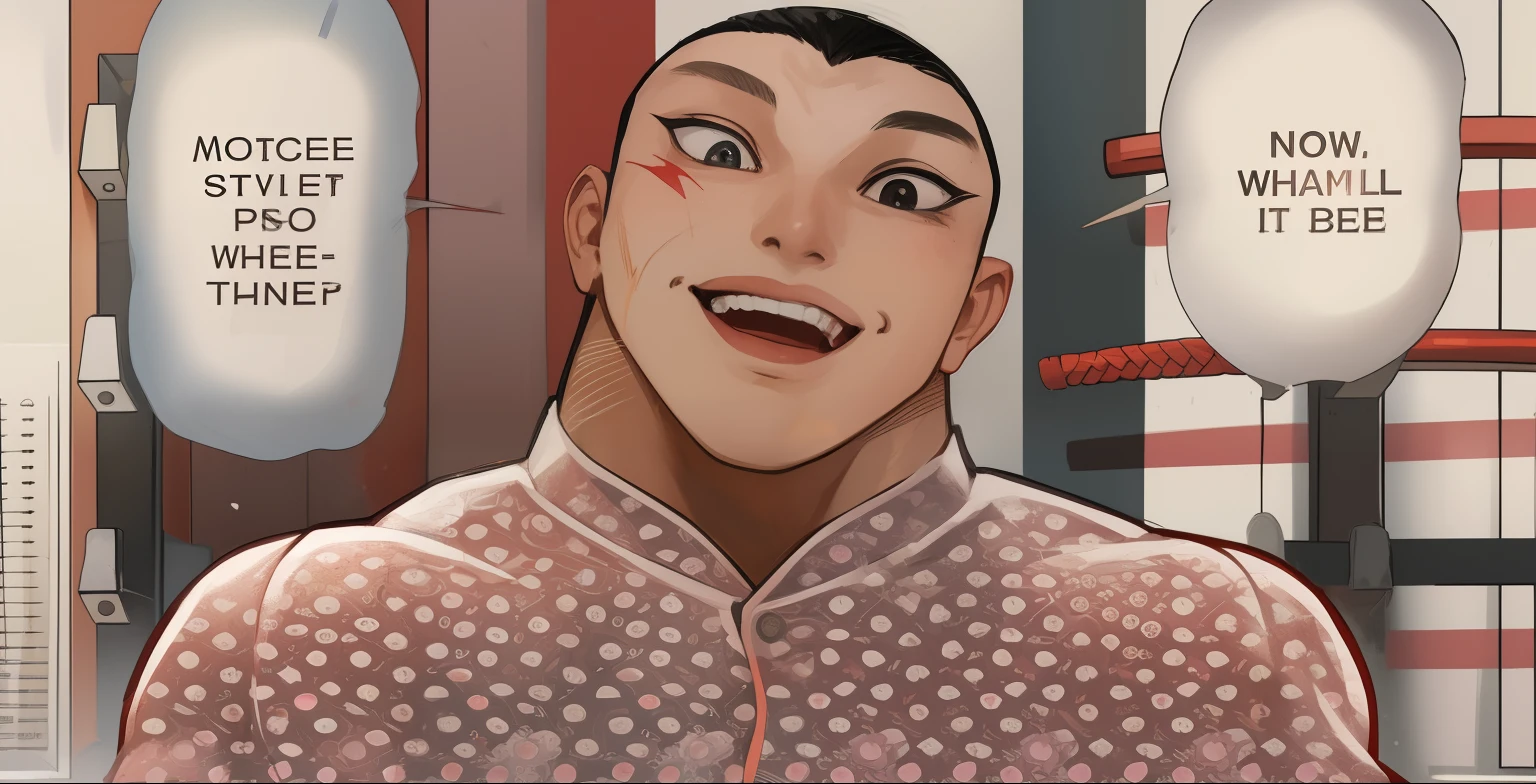 Dibujo estilo anime de un hombre con una cara divertida y una sonrisa, cicatrices en el rostro, fondo dojo de karate.