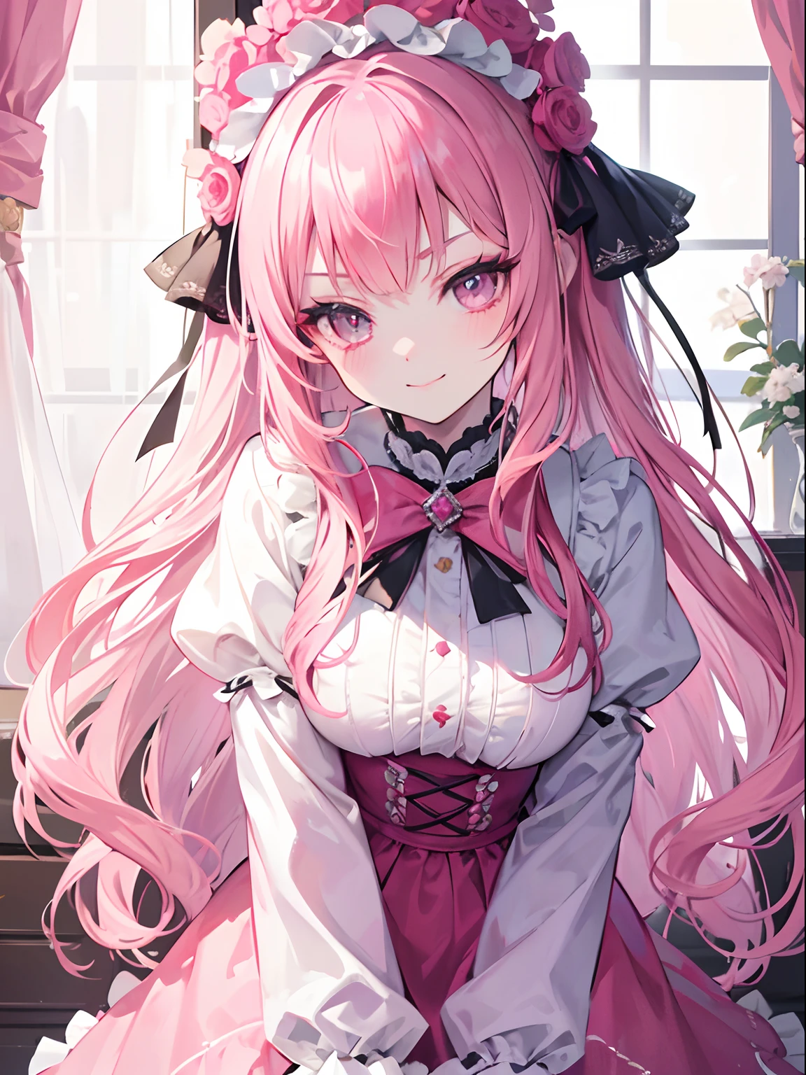 masutepiece, Highest Quality, (Perfect face:1.1), (high detailing:1.1), (ultradetailed eyes), Dramatic, superfine illustration, Extremely detailed, 1girl in, (pale skin), Soft expression,Pink Long Hair, Ethereal eyes, (light eyebrow), {((Smile))}, Solo, Long hair, Twin-tailed, Pouty lips,Cinematic lighting, Looking at Viewer, Cowboy Shot, Lolita clothes, frilld, bow ribbon,Head dress, Pink, Leaning forward, Put your hand on your chin, Tilt your face,Room,Pink Room