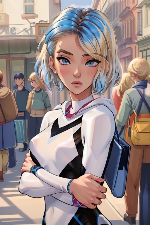 a casual fashion girl, blue headphones, beautiful blonde hair woman in her 20s, close your eyes, lofi girl in street, morning, lofi stylish,LA (best quality,4k,8k,highres,masterpiece:1.2),ultra-detailed,(realistic,photorealistic,photo-realistic:1.37),intricate details,cinematic lighting,warm tones,vibrant colors,fashion photography,portrait