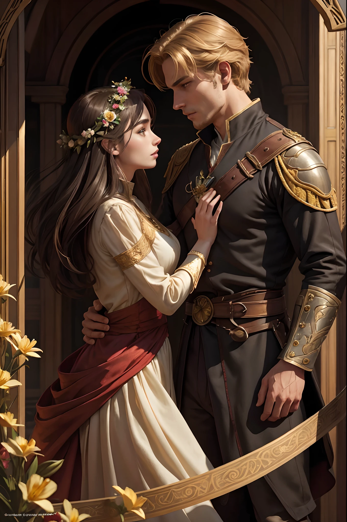 Two person 1 Neels Visser is a prince who has golden blond hair, wears a medieval military outfit and is in love with the commoner 2 Lily Collins, who has curly black hair and wears a red dress, the two kiss very affectionately, illustration of a romance book cover with a detailed, smooth, bright background filled with flowers, art by Greg Hildebrandt, Citemer Liu, Stjepan Sejic, Samyang, Aykut Aydogdu, Justin Gerard, Alphonse Mucha, Artgerm, WLOP, and Greg Rutkowski