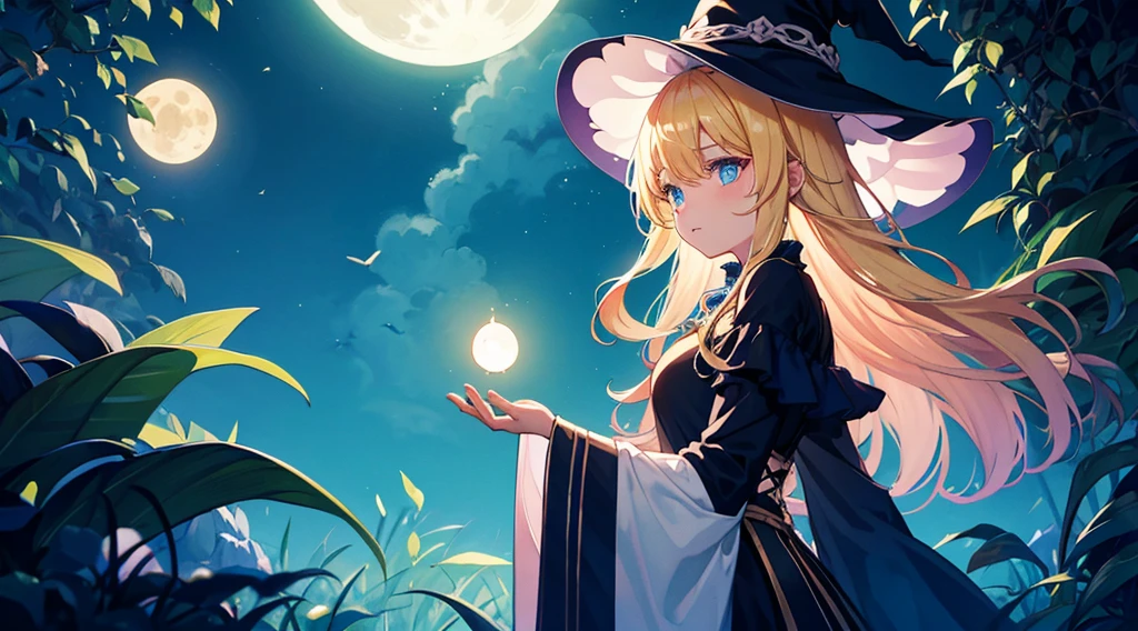 witch girl, blonde hair, blue eyes, fantastic night forest, moon, colorful glowing plant