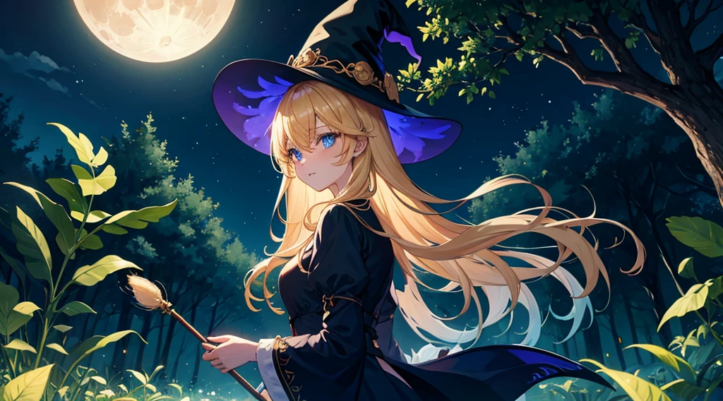 witch girl, blonde hair, blue eyes, fantastic night forest, moon, colorful glowing plant