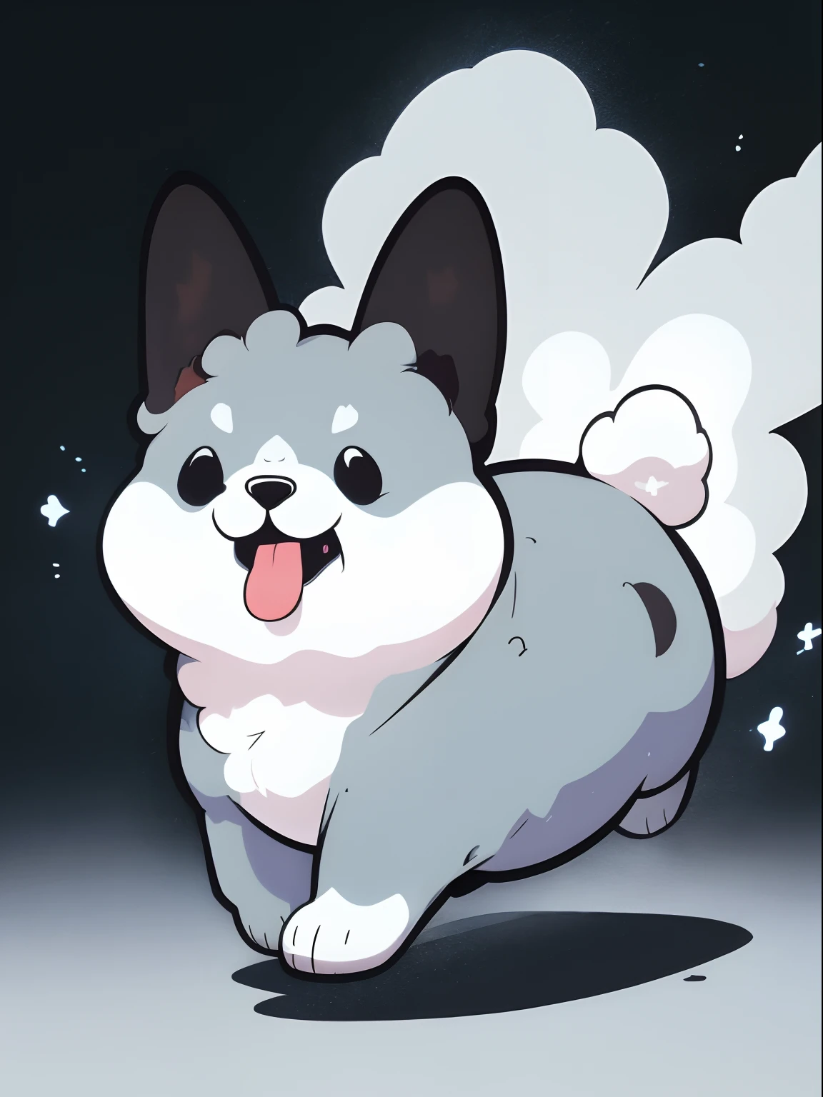 Pitch black background,A light blue but fluffy dog-like creature,Run around energetically,Bounce around and play happily,a Dog,lapin