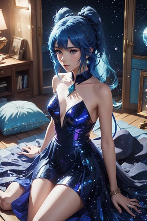 In her dream, sleeping beautiful women on Comfortable sofa bed. The woman's dress becomes a canvas for the universe, with galaxies and nebulae painted in vibrant colors as she explores the depths of her dream woman's front face. long hair women. real face. 35 years old women.