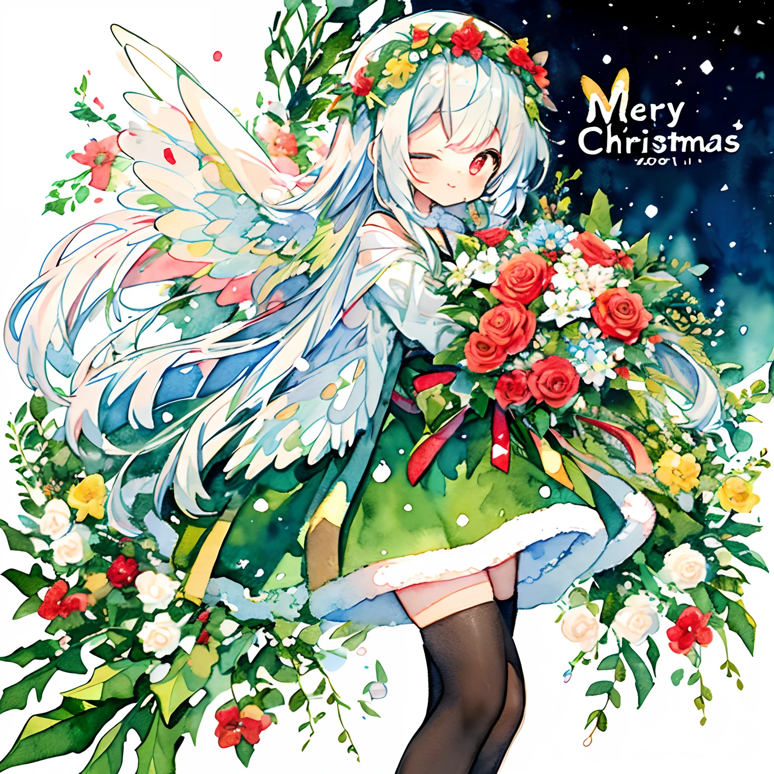 1girl in、(Wear red and green fairy wings:1.5)、masutepiece, Best Quality, Extremely detailed, Anime, Christmas Colors、Holly、Flower Arrangement Wreath Background、A smile、、 Dress, knee sox, Lace, Christmas Colors:1.1、Holly、Flower Arrangement Wreath Background、A smile、(PastelColors:1.2)、(Cute illustration:1.2)、(watercolor paiting:1.2)、with a large bouquet:1.1