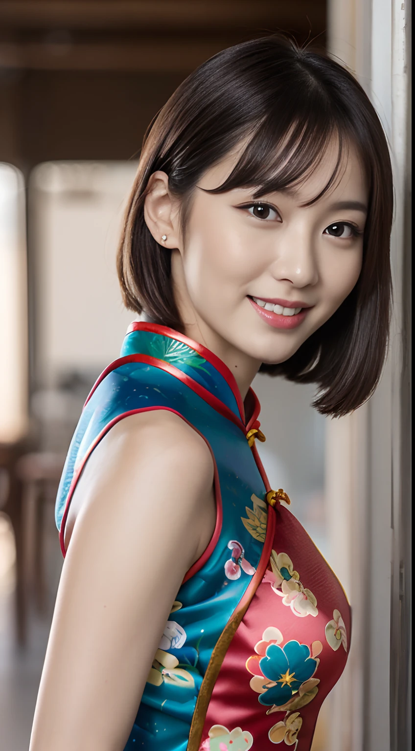 (top-quality、超A high resolution、masterpiece:1.3), Midhair with bangs, Detailed moisturized eyes, Textured skin, Best Quality, in 8K, blurry backround, (Colossal tits, long legged, Legs exposed through slits), Natural Color Lip, ssmile, Woman with perfect style, You're in a high-traffic area, (Girl in cheongsam with colorful pattern:1.2), Facing the front, Looking at the camera