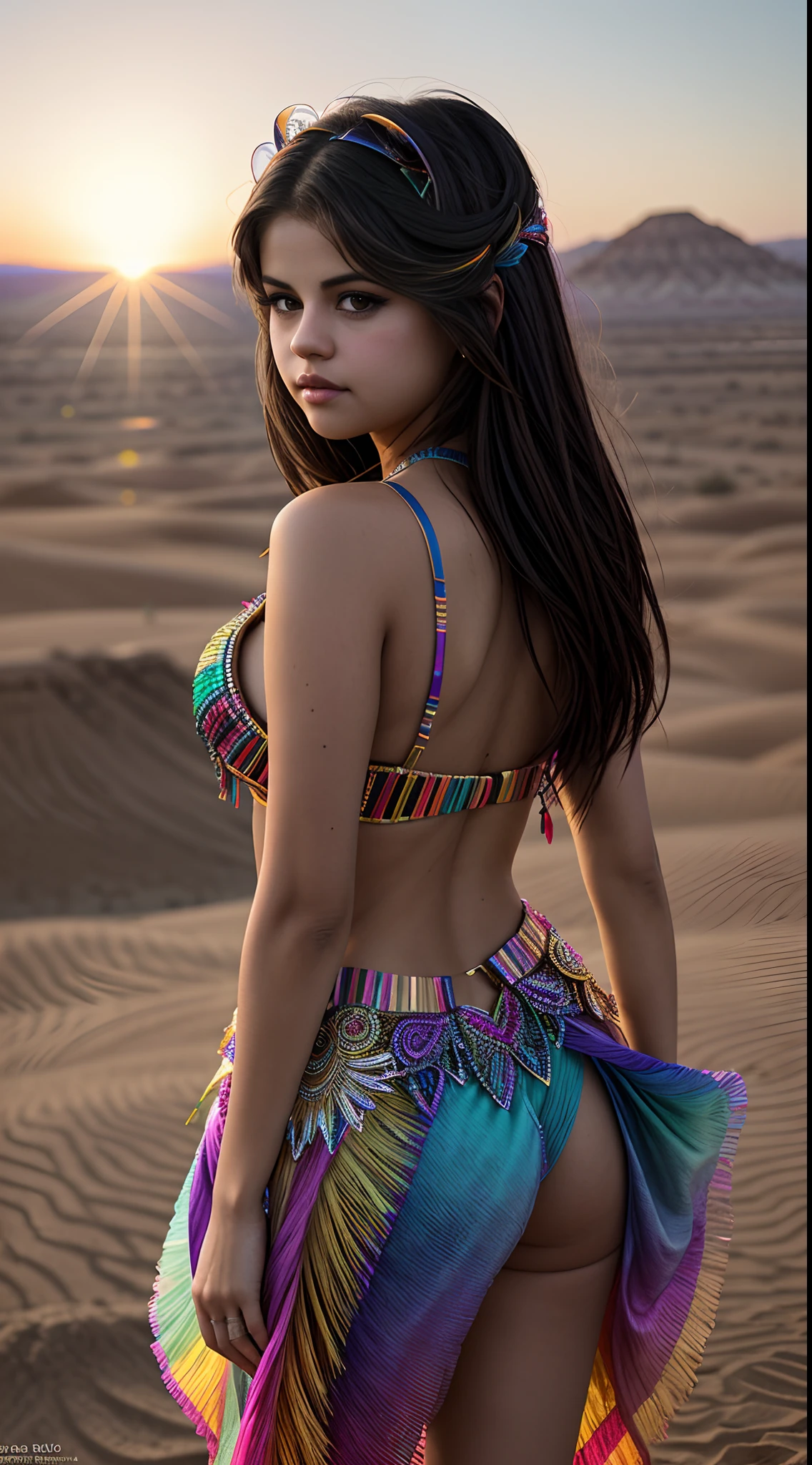 create (Selena Gomez) in Full body photography of the most beautiful artwork in the world, a beautiful woman in intricate costume burning in the desert, rainbow colors, ArtStation, CGSociety, complex, high detail, clear focus, dramatic, realistic pictorial art trends Greg Rutkovsky, rave, trance festival, trance, music festival, psycho, psychedelic. 'captured from behind