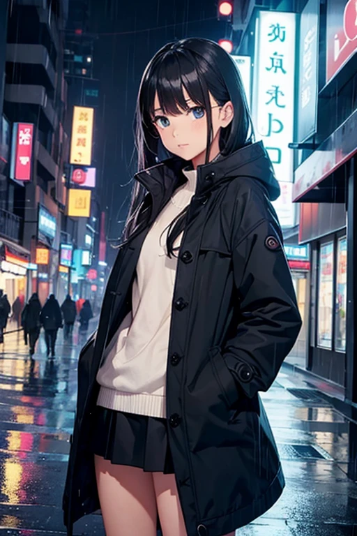 1girl, Night City, rain, coat, hands in pockets