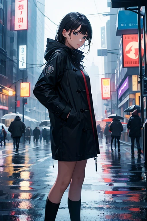1girl, Night City, rain, coat, hands in pockets