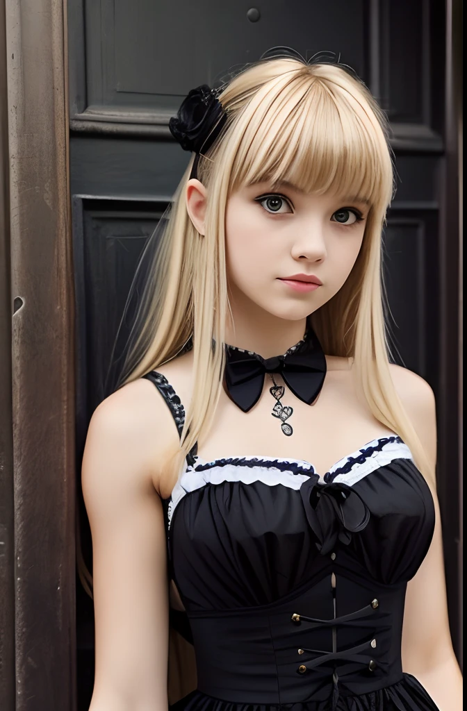 A girl,16 year old,blonde,(bangs bangs),pretty face,muscular arms,gothic and lolita dress