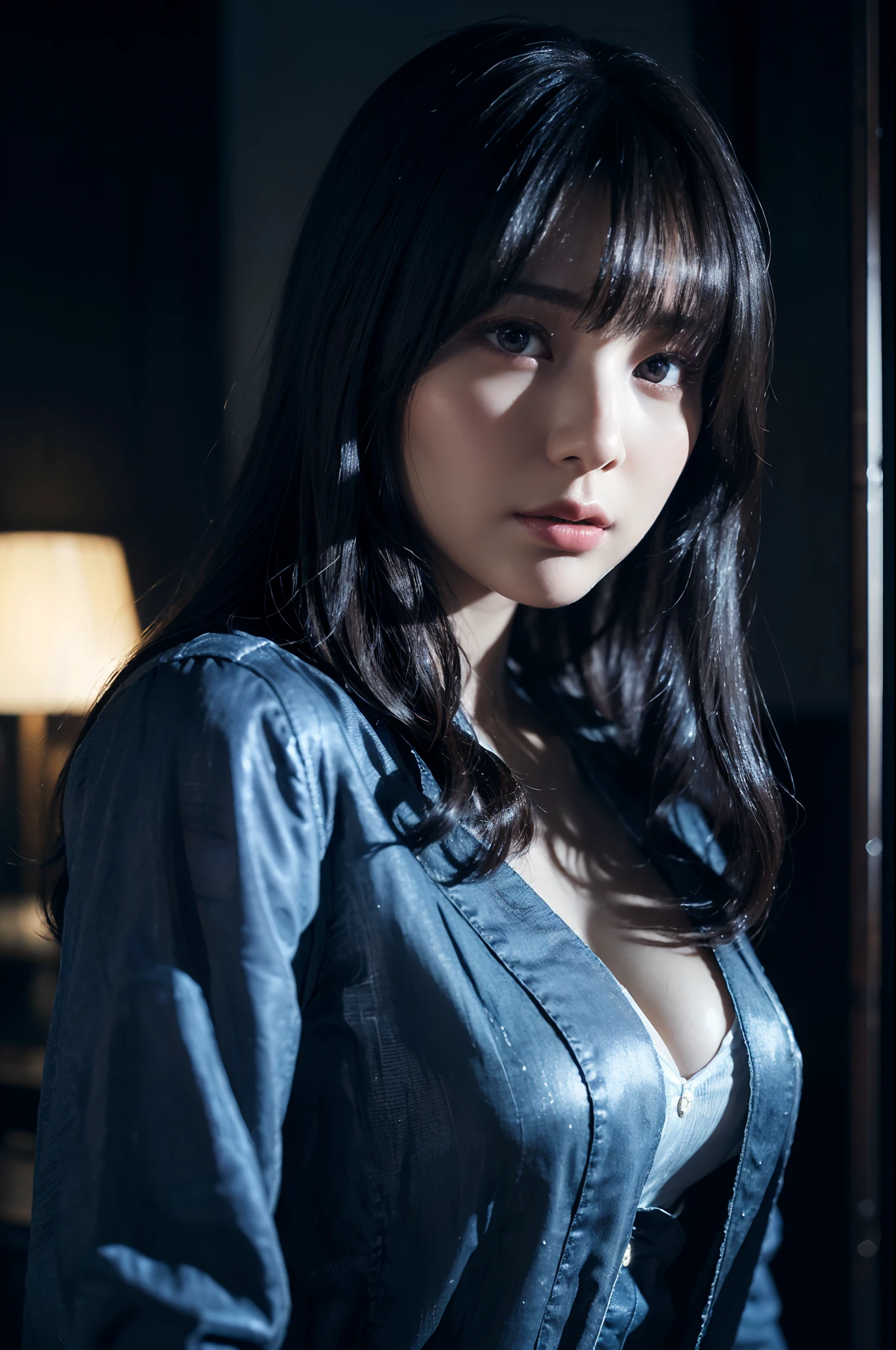 (Fantasy Art Photo, Realistic Photo, 1Girl in the Dark, Dreamy Face, Deep Shadows, Understated Luxury, Poster Style, 4K) + (Detailed face, dynamic lighting, dark texture, formal (wearing formal wear: 1.4), long white hair, denim photo) + (Gorgeous volume lighting, full of surreal artistic sense)