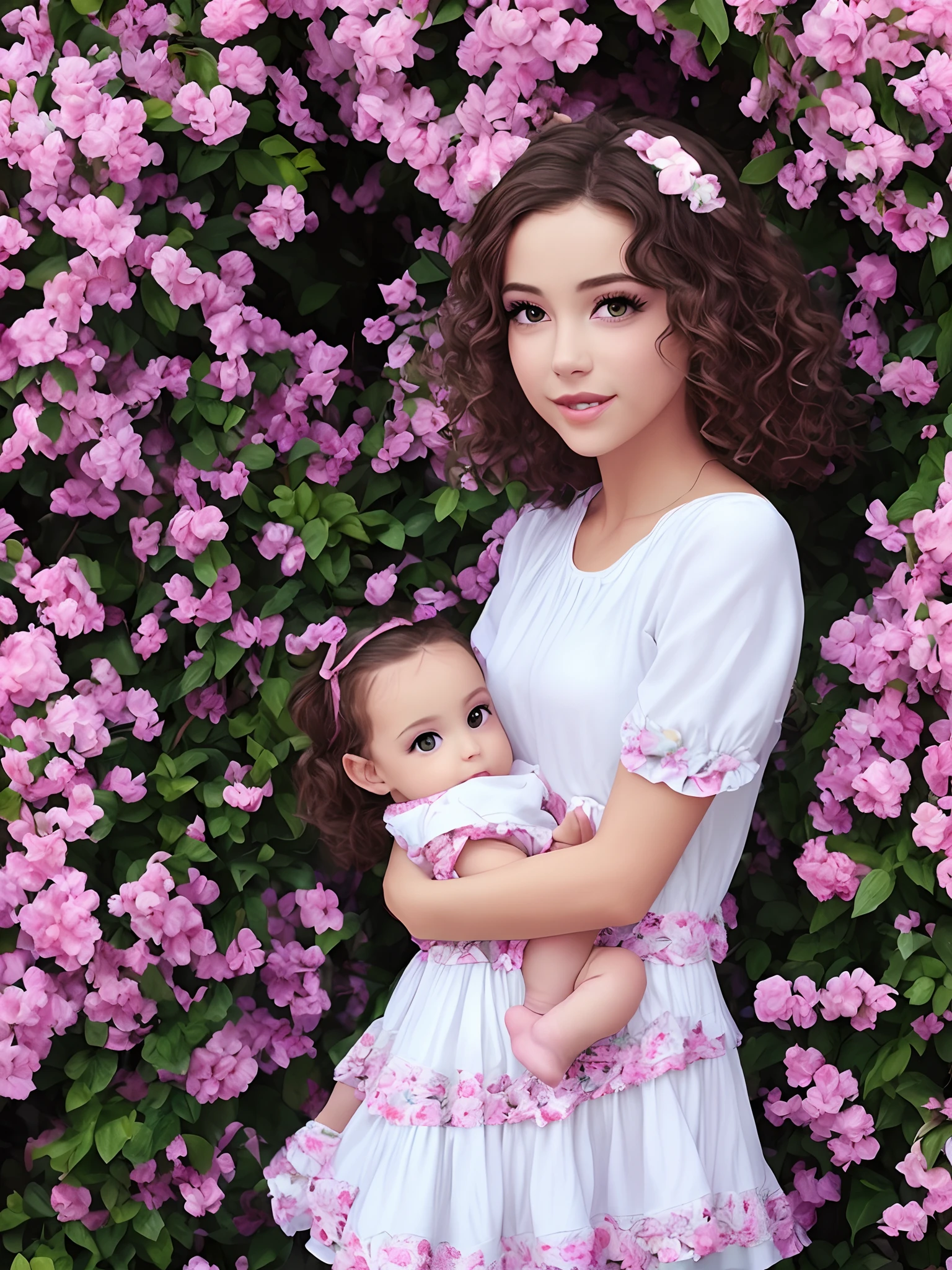 Araffe woman holding a baby in front of a bush of flowers - SeaArt AI