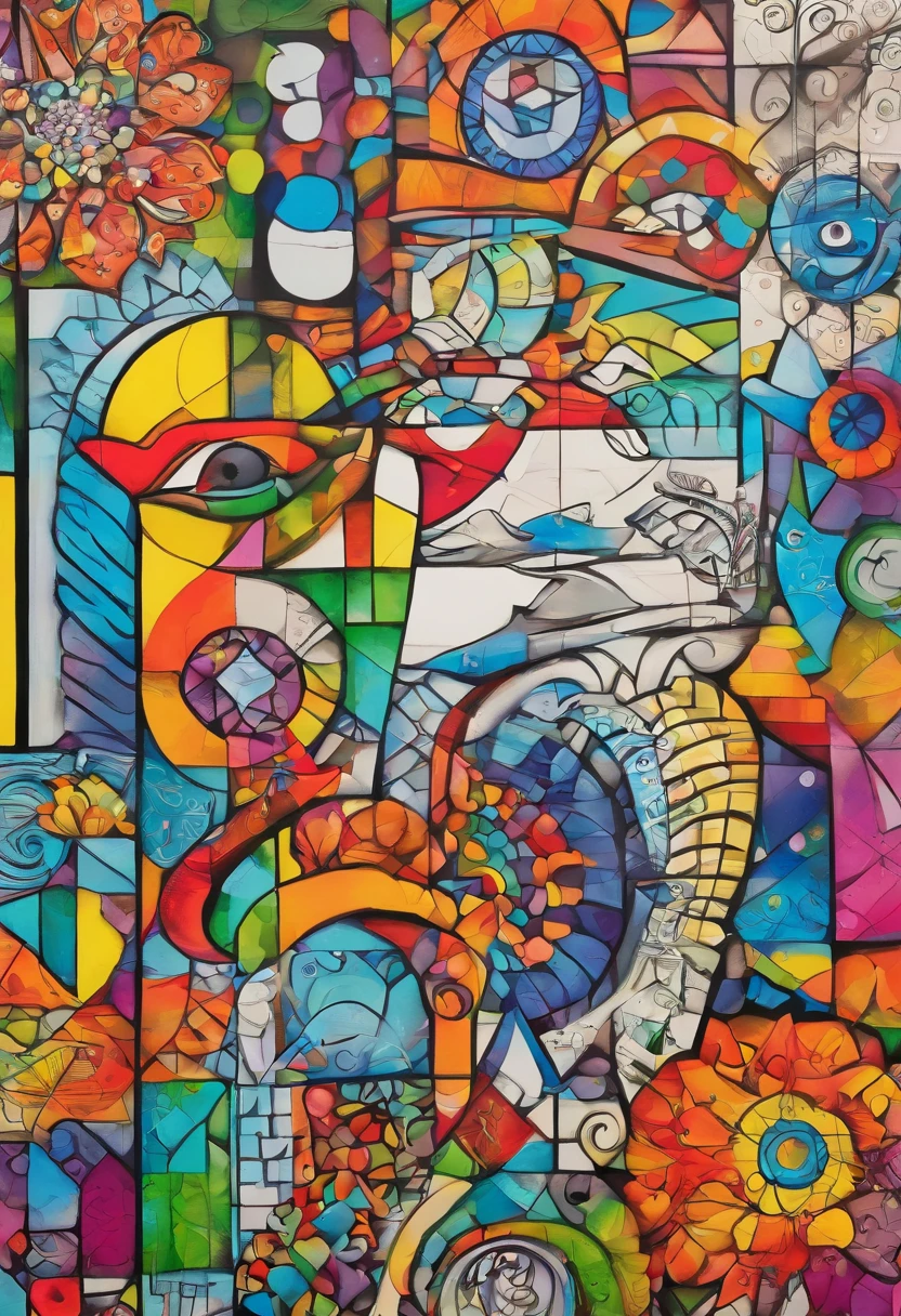 grafismo, diverse and playful geometric figures, Rainbow, romero britto, uma floresta, animais head, juba bem detalhada ((fundo branco)), olhos penetrantes, animais selvagens colorida e alegre, Art Watercolor Painting Oil Paint, abstrato, epic instagram, art-station, toque de estilo splash de tinta colorida+, contorno, hiperdetalhado intricadamente detalhado, genial, detalhes intrincados, tela inicial, cores complementares, conceito realista abstrato romero britto de arte, 8K, obra-prima do deviantart, oil-painting, pinceladas pesadas, pingos de tinta, artes de salpicos.