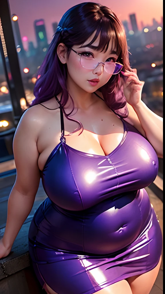Chinese Idol Approximately 40 years old ((chubby round face and shiny plump pink lips)) Glamorous and flashy makeup Wavy brown hair with bangs ((Looking at the camera)) ((Shiny satin purple collared dress shirt and blue jeans)) The rooftop of a building with a beautiful night view of Beijing ((Staring through glasses)) Duck mouth Glossy skin wet with sweat sweaty and shiny face itting open legs Beautiful armpits